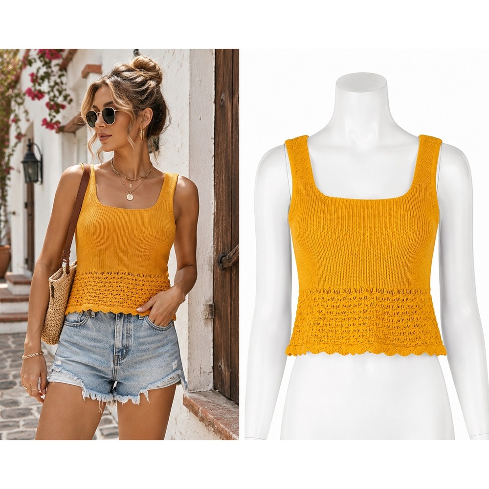 LUSH Crochet Hem Tank Top Womens Small Tangerine Excellent Ribbed Knit Cropped
